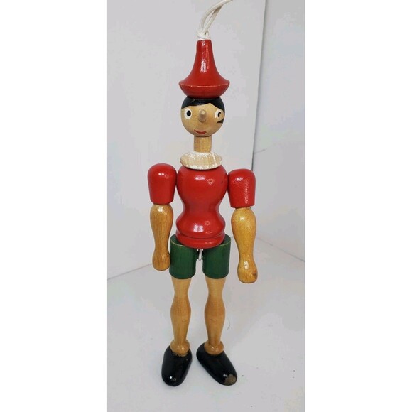Vtg Pinocchio Christmas Ornament Wooden Hand Painted Jointed Marionette Style 8” - Picture 1 of 5
